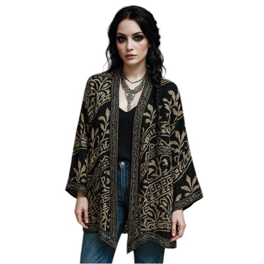 Coldwater Creek Black Cream Boho Tribal Print High Low Open Front Kimono Size 2X